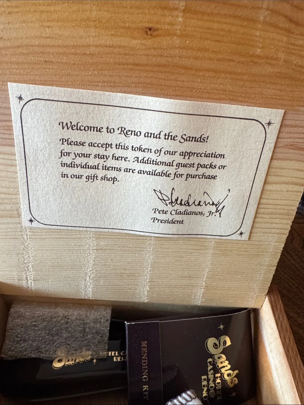 VTG Sands Hotel Casino Reno Branded Amenity Set in wooden box
